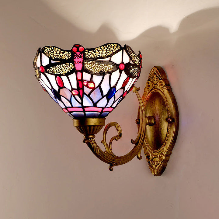 Lisslune | Brass Dragonfly Wall Lamp Tiffany 1 Light Hand-Cut Glass Wall Lamp with Curved Arm
