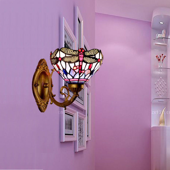 Lisslune | Brass Dragonfly Wall Lamp Tiffany 1 Light Hand-Cut Glass Wall Lamp with Curved Arm
