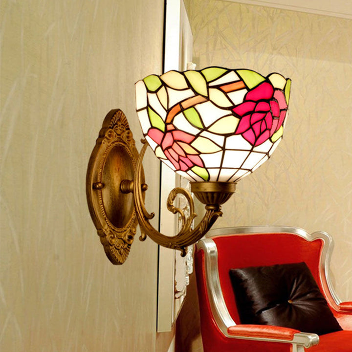 Lisslune | Cut glass flower wall lamp Tiffany style 1 light rose red wall lamp for bedroom