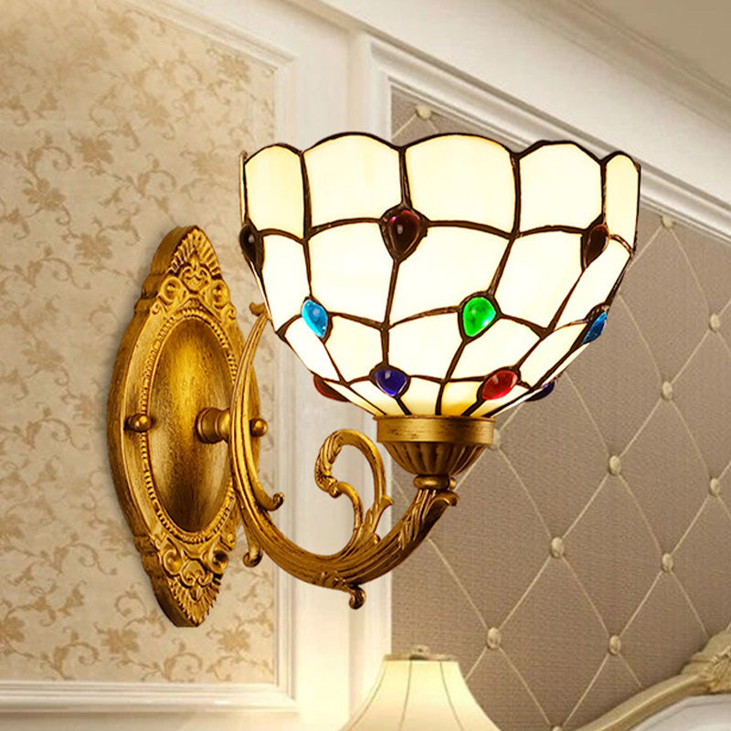 Lisslune | 1 Light Bathroom Vanity Lamp Mediterranean Brass Wall Light with Beaded White Glass Shade