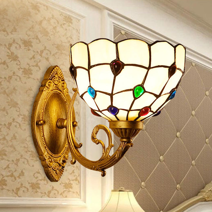 Lisslune | 1 Light Bathroom Vanity Lamp Mediterranean Brass Wall Light with Beaded White Glass Shade