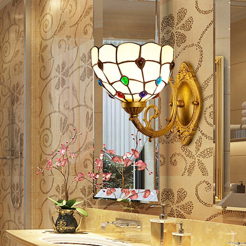 Lisslune | 1 Light Bathroom Vanity Lamp Mediterranean Brass Wall Light with Beaded White Glass Shade