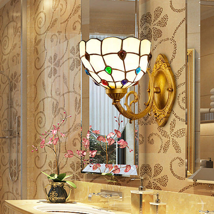Lisslune | 1 Light Bathroom Vanity Lamp Mediterranean Brass Wall Light with Beaded White Glass Shade