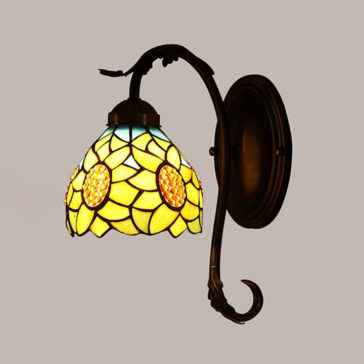 Lisslune | Sunflower Wall Lamp 1 Light Speckled Art Glass Mediterranean Wall Lamp in Yellow with Curved Arm