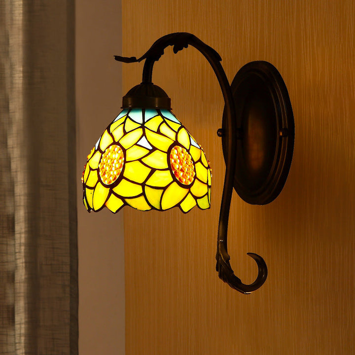 Lisslune | Sunflower Wall Lamp 1 Light Speckled Art Glass Mediterranean Wall Lamp in Yellow with Curved Arm