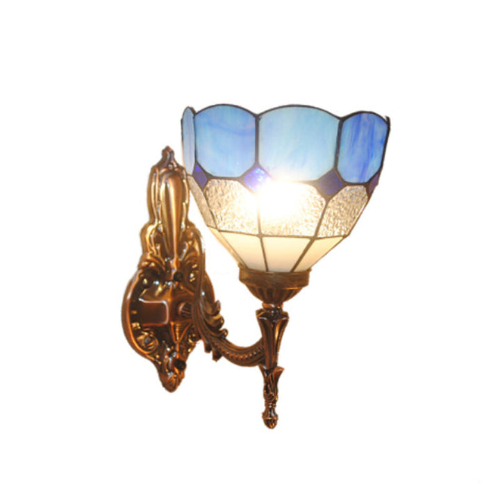 Lisslune | Dome Hand-Painted Glass Wall Lamp Tiffany Style 1 Light Blue/Gold/Beige Wall Lamp for Bedroom