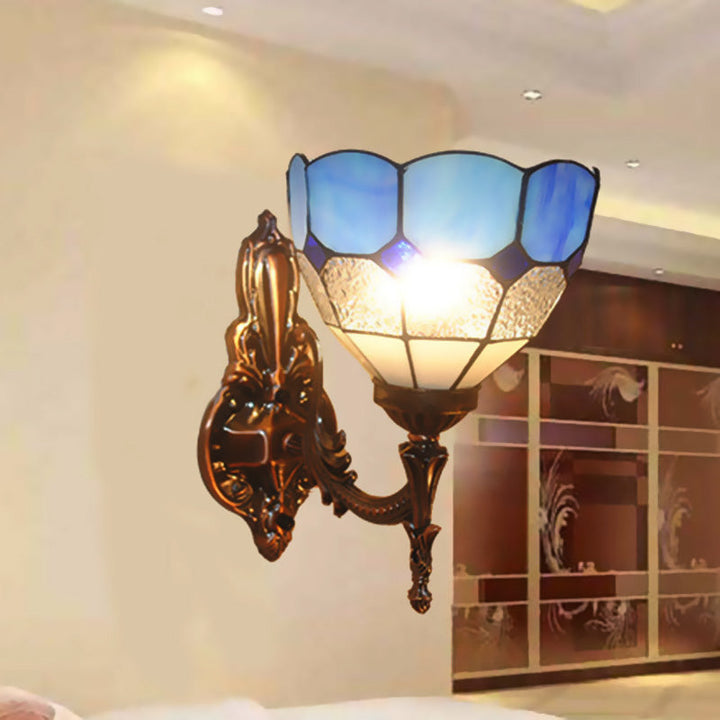 Lisslune | Dome Hand-Painted Glass Wall Lamp Tiffany Style 1 Light Blue/Gold/Beige Wall Lamp for Bedroom