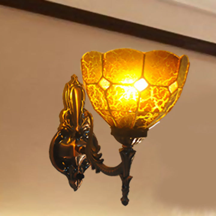 Lisslune | Dome Hand-Painted Glass Wall Lamp Tiffany Style 1 Light Blue/Gold/Beige Wall Lamp for Bedroom