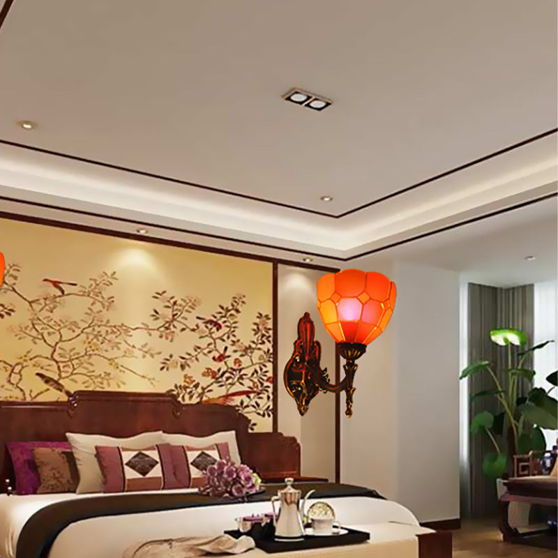 Lisslune | Dome Hand-Painted Glass Wall Lamp Tiffany Style 1 Light Blue/Gold/Beige Wall Lamp for Bedroom
