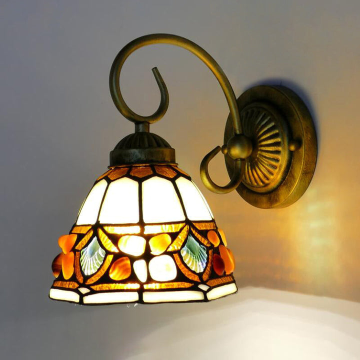 Lisslune | Dome Wall Lighting Idea Tiffany Toughened/Beige/Green Toughened Glass 1 Light White/Bronze Wall Lamp With Stone Deco