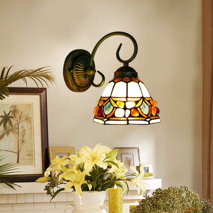 Lisslune | Dome Wall Lighting Idea Tiffany Toughened/Beige/Green Toughened Glass 1 Light White/Bronze Wall Lamp With Stone Deco