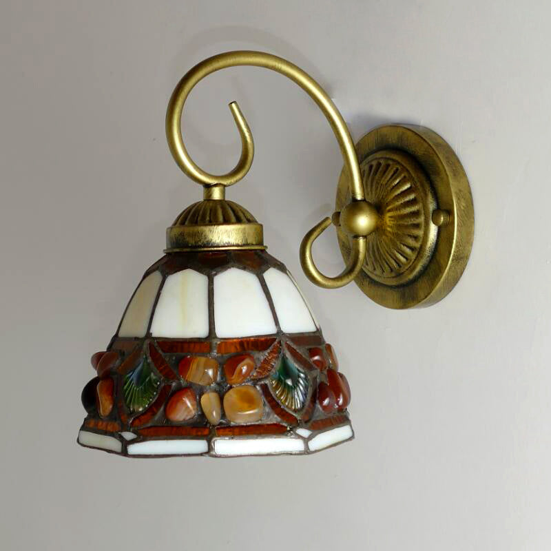 Lisslune | Dome Wall Lighting Idea Tiffany Toughened/Beige/Green Toughened Glass 1 Light White/Bronze Wall Lamp With Stone Deco