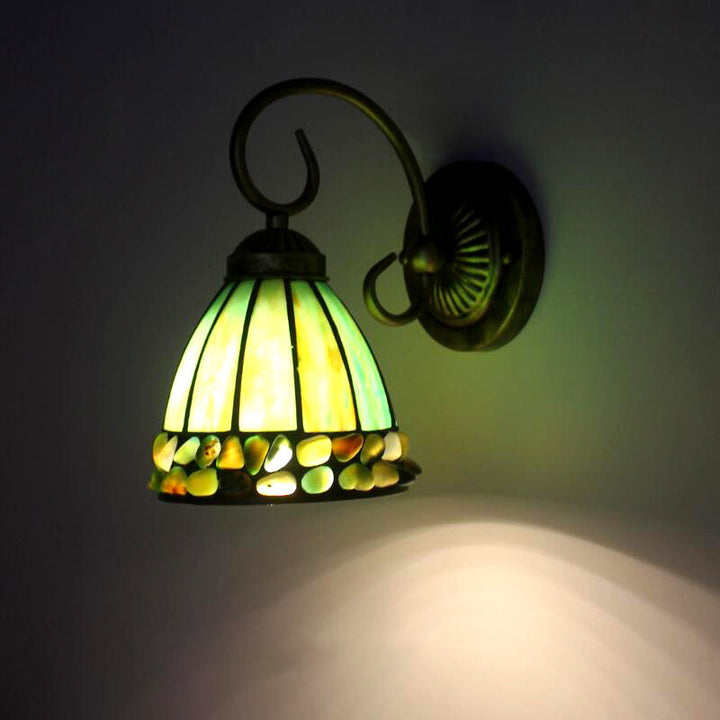 Lisslune | Dome Wall Lighting Idea Tiffany Toughened/Beige/Green Toughened Glass 1 Light White/Bronze Wall Lamp With Stone Deco