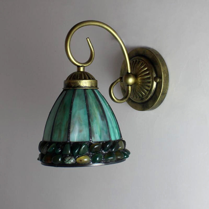 Lisslune | Dome Wall Lighting Idea Tiffany Toughened/Beige/Green Toughened Glass 1 Light White/Bronze Wall Lamp With Stone Deco