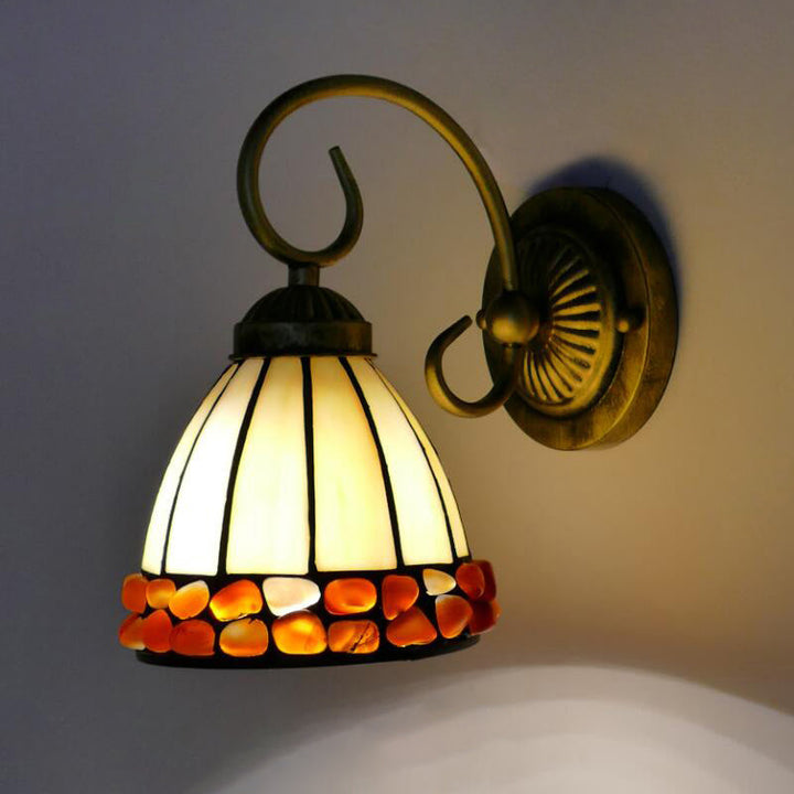 Lisslune | Dome Wall Lighting Idea Tiffany Toughened/Beige/Green Toughened Glass 1 Light White/Bronze Wall Lamp With Stone Deco