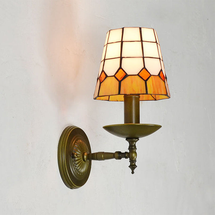 Lisslune | Tiffany Grid Patterned Wall Lighting Fixture 1 Light Hand-Cut Glass Wall Lamp in Orange/Blue/Green