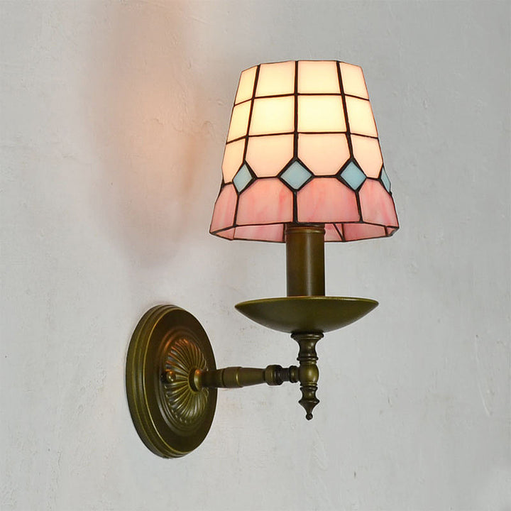Lisslune | Tiffany Grid Patterned Wall Lighting Fixture 1 Light Hand-Cut Glass Wall Lamp in Orange/Blue/Green
