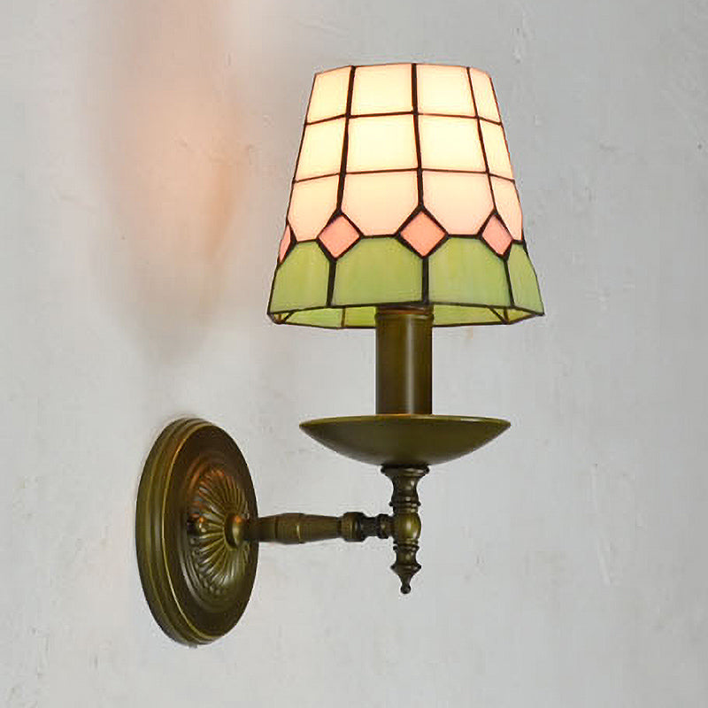 Lisslune | Tiffany Grid Patterned Wall Lighting Fixture 1 Light Hand-Cut Glass Wall Lamp in Orange/Blue/Green