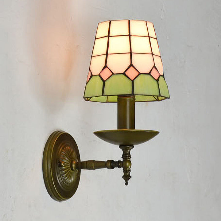 Lisslune | Tiffany Grid Patterned Wall Lighting Fixture 1 Light Hand-Cut Glass Wall Lamp in Orange/Blue/Green