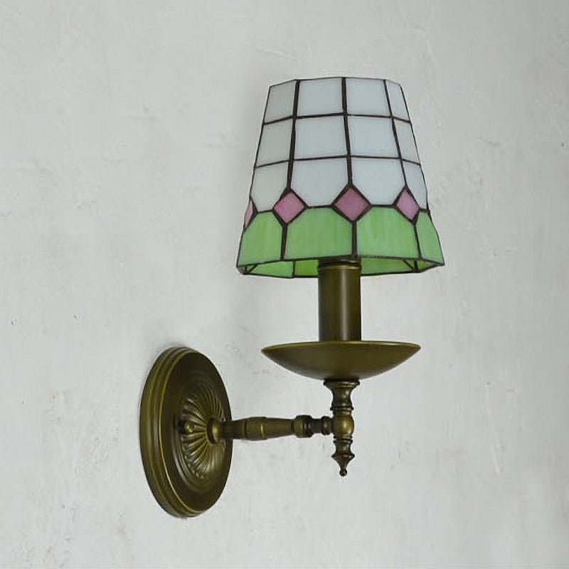 Lisslune | Tiffany Grid Patterned Wall Lighting Fixture 1 Light Hand-Cut Glass Wall Lamp in Orange/Blue/Green