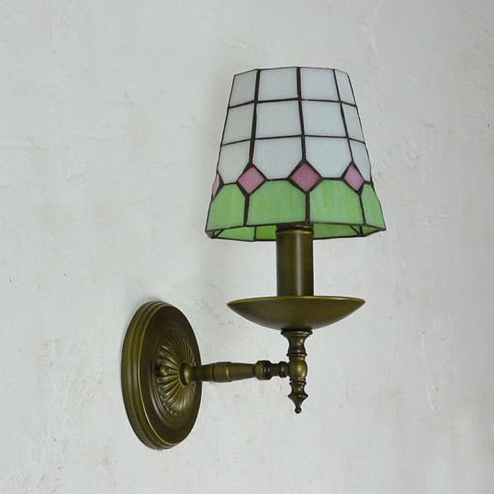 Lisslune | Tiffany Grid Patterned Wall Lighting Fixture 1 Light Hand-Cut Glass Wall Lamp in Orange/Blue/Green