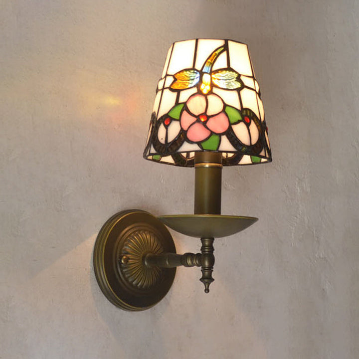 Lisslune | Tiffany Grid Patterned Wall Lighting Fixture 1 Light Hand-Cut Glass Wall Lamp in Orange/Blue/Green