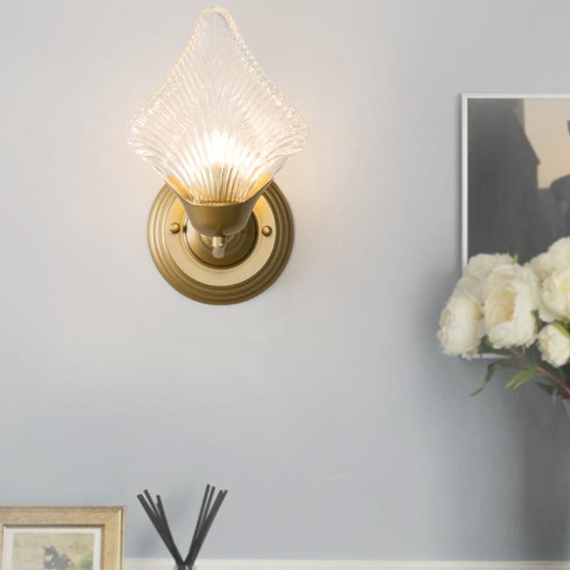 Skørter | Shell Bedroom Wall Sconce Light Vintage Clear Ribbed Glass 1/2 Heads Gold Wall Lighting Fixture