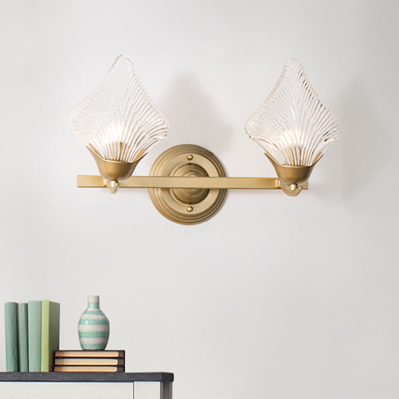 Skørter | Shell Bedroom Wall Sconce Light Vintage Clear Ribbed Glass 1/2 Heads Gold Wall Lighting Fixture