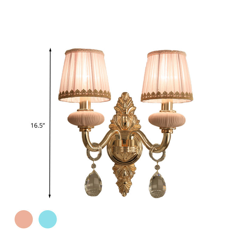 Skørter | Barrel Bedroom Wall Light Sconces Traditional Fabric 1/2 Heads Pink/Blue Wall Lighting with Crystal Accent
