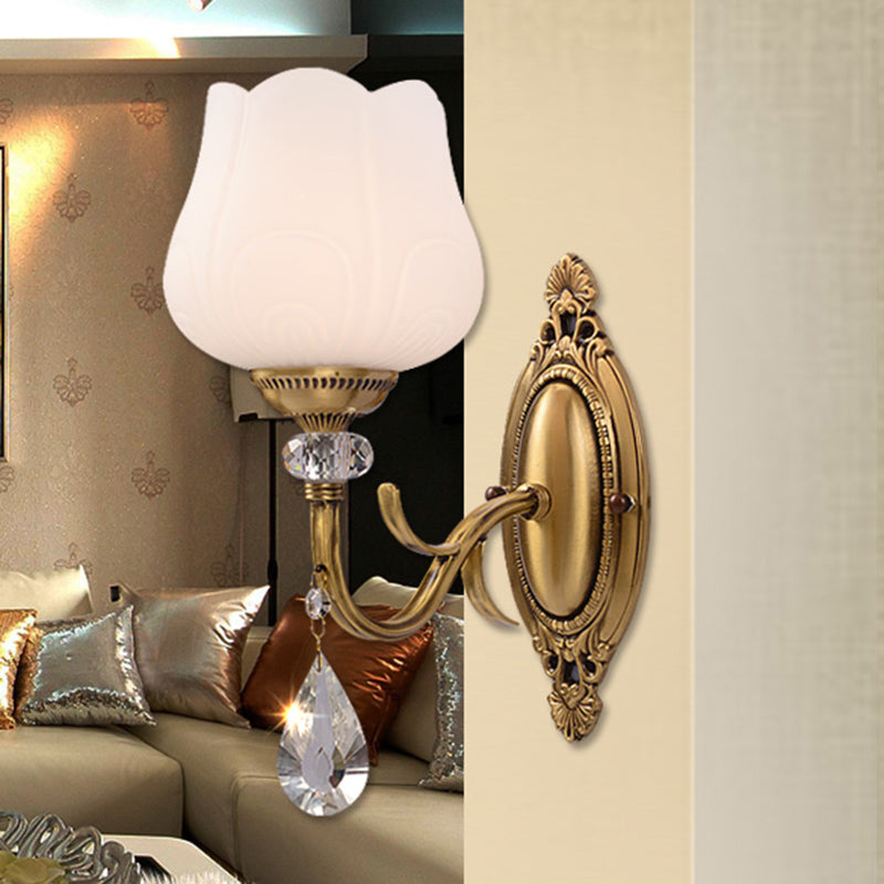 Skørter | Crystal Prism Flower Wall Mounted Lamp Traditionalism 1/2 Bulbs Bedroom Wall Light Fixture in Gold