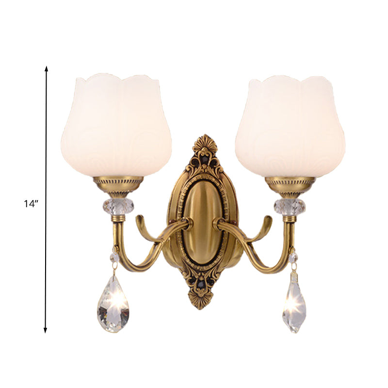 Skørter | Crystal Prism Flower Wall Mounted Lamp Traditionalism 1/2 Bulbs Bedroom Wall Light Fixture in Gold