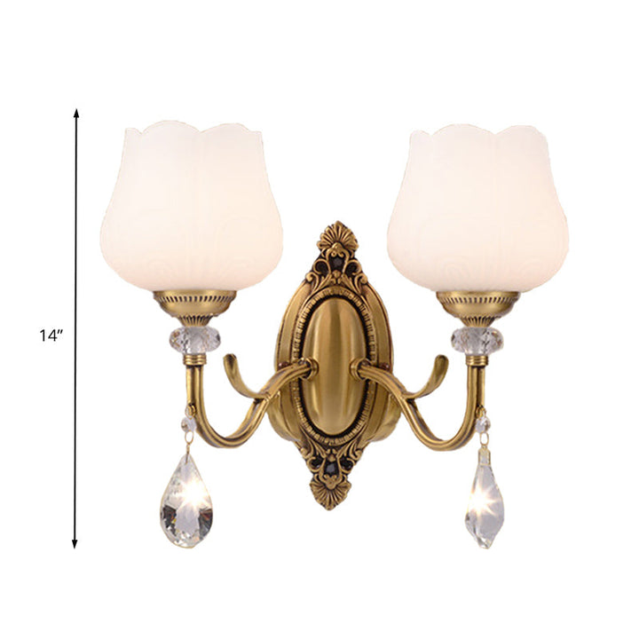 Skørter | Crystal Prism Flower Wall Mounted Lamp Traditionalism 1/2 Bulbs Bedroom Wall Light Fixture in Gold