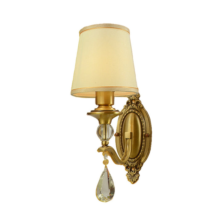 Skørter | Traditionalism Cone-shaped Wall-mounted Lamp 1/2 Heads Fabric Wall Sconce Lighting in Gold with Hanging Crystal