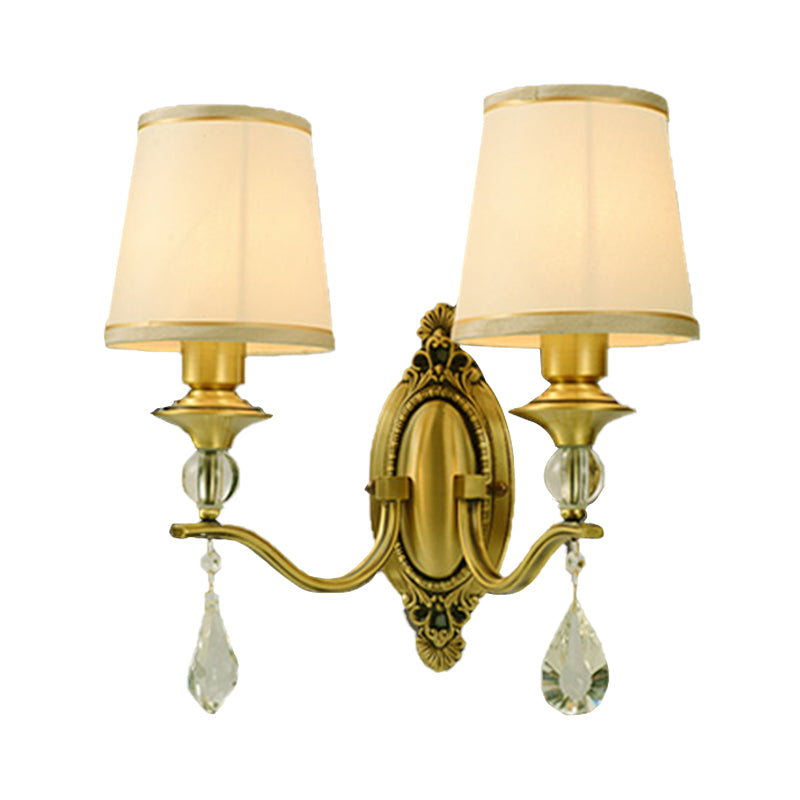 Skørter | Traditionalism Cone-shaped Wall-mounted Lamp 1/2 Heads Fabric Wall Sconce Lighting in Gold with Hanging Crystal