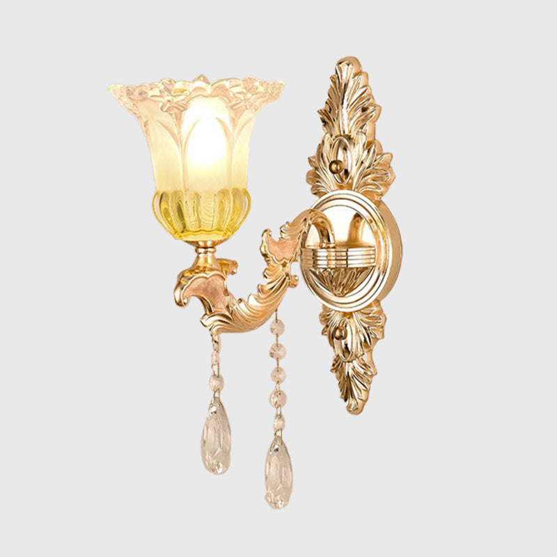 Skørter | 1/2 Heads Frosted Glass Wall Lamp Traditionalist Gold Flower Living Room Wall Mounted Light with Crystal Draping