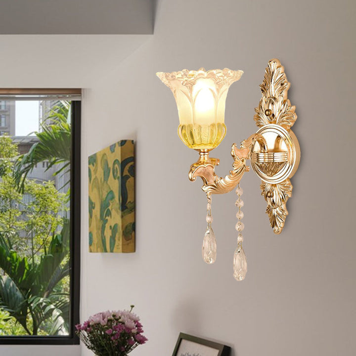 Skørter | 1/2 Heads Frosted Glass Wall Lamp Traditionalist Gold Flower Living Room Wall Mounted Light with Crystal Draping