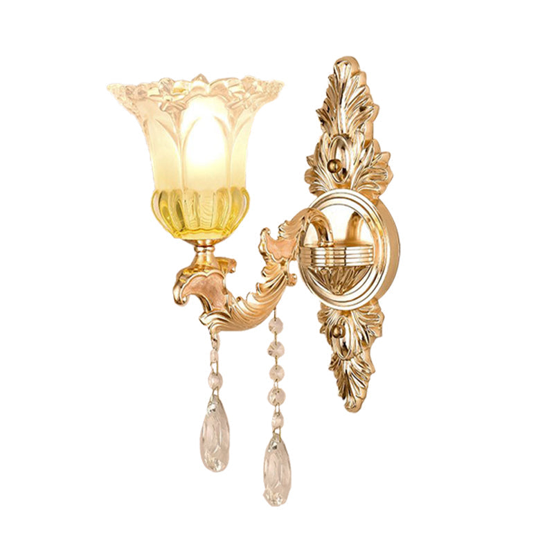 Skørter | 1/2 Heads Frosted Glass Wall Lamp Traditionalist Gold Flower Living Room Wall Mounted Light with Crystal Draping