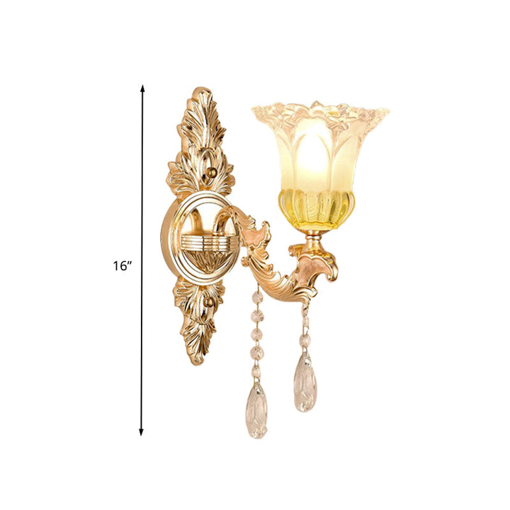 Skørter | 1/2 Heads Frosted Glass Wall Lamp Traditionalist Gold Flower Living Room Wall Mounted Light with Crystal Draping