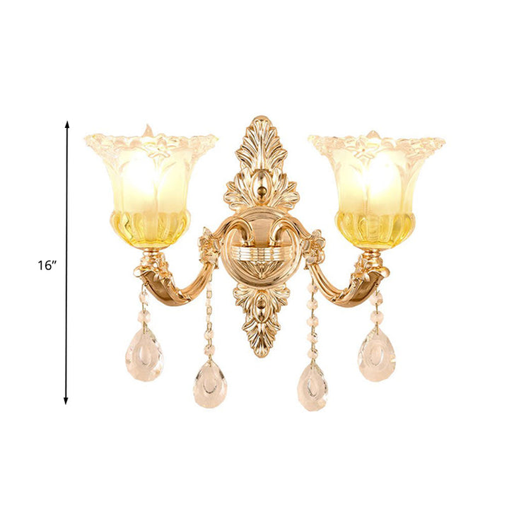 Skørter | 1/2 Heads Frosted Glass Wall Lamp Traditionalist Gold Flower Living Room Wall Mounted Light with Crystal Draping