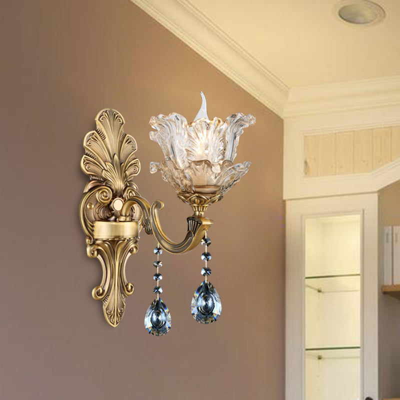 Skørter | Brass Curved Arm Metal Wall Light Retro Faceted Crystal 1/2 Lights Living Room Wall Light Lighting