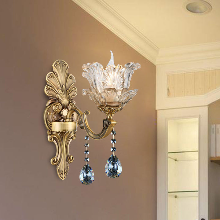 Skørter | Brass Curved Arm Metal Wall Light Retro Faceted Crystal 1/2 Lights Living Room Wall Light Lighting
