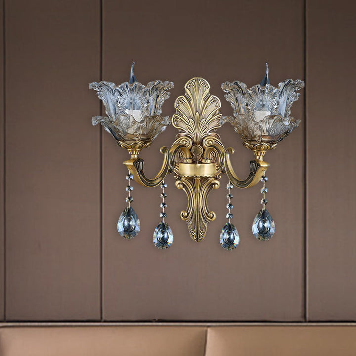 Skørter | Brass Curved Arm Metal Wall Light Retro Faceted Crystal 1/2 Lights Living Room Wall Light Lighting