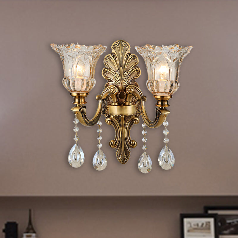 Skørter | K9 Crystal Brass Wall Lighting Flower 1/2 Bulbs Traditional Wall Lamp with Clear Glass Shade