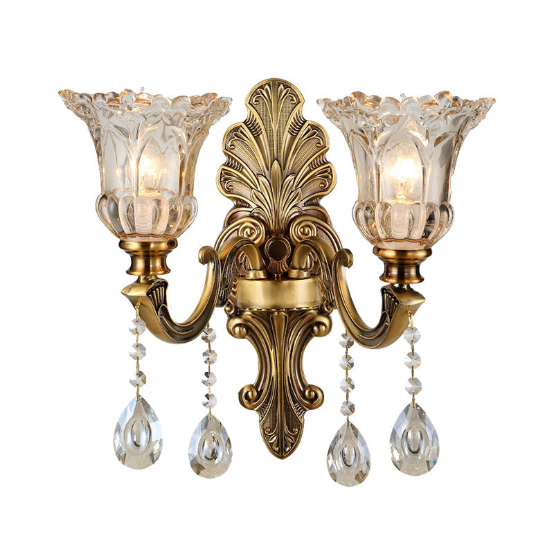 Skørter | K9 Crystal Brass Wall Lighting Flower 1/2 Bulbs Traditional Wall Lamp with Clear Glass Shade