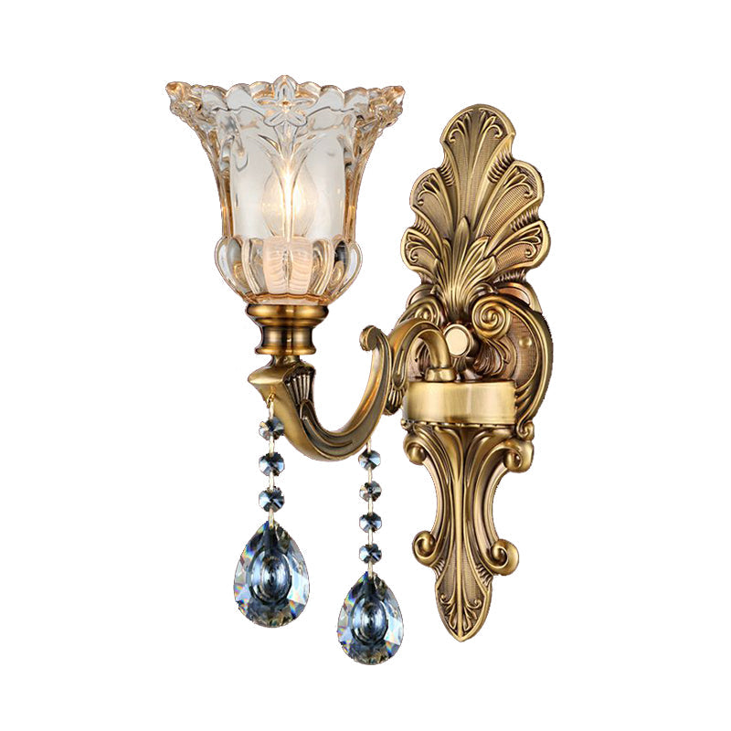 Skørter | K9 Crystal Brass Wall Lighting Flower 1/2 Bulbs Traditional Wall Lamp with Clear Glass Shade
