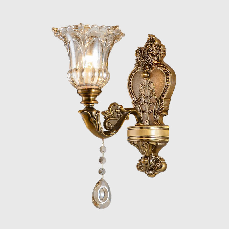 Skørter | Vintage Flower Wall Lamp 1/2 Cups Laid Crystals Prism Wall Lamp Light in Brass