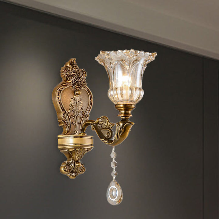 Skørter | Vintage Flower Wall Lamp 1/2 Cups Laid Crystals Prism Wall Lamp Light in Brass