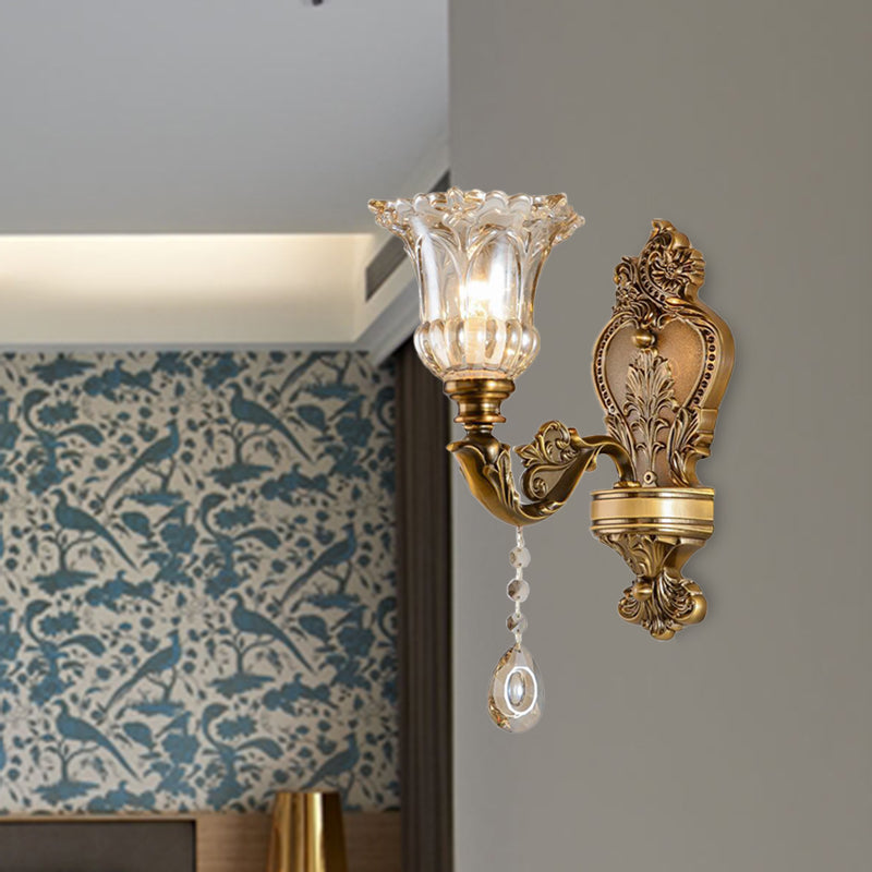 Skørter | Vintage Flower Wall Lamp 1/2 Cups Laid Crystals Prism Wall Lamp Light in Brass