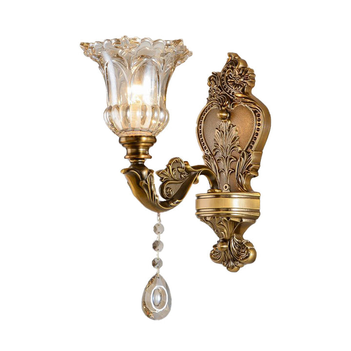 Skørter | Vintage Flower Wall Lamp 1/2 Cups Laid Crystals Prism Wall Lamp Light in Brass