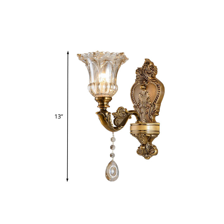 Skørter | Vintage Flower Wall Lamp 1/2 Cups Laid Crystals Prism Wall Lamp Light in Brass
